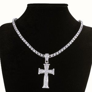 20" Mens 14K White Gold 2ct Diamond Cross Pendant Necklace 14 Karat Silver Chain